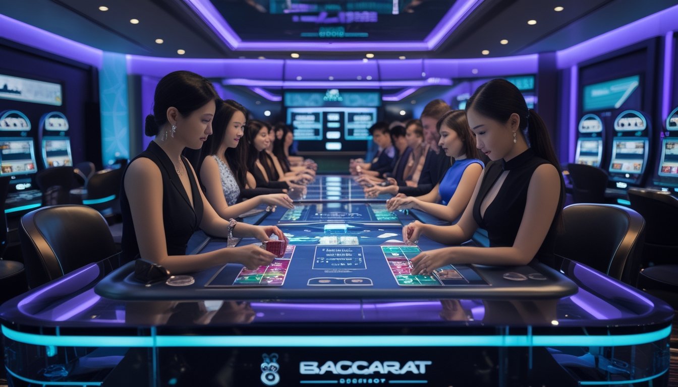 Beberapa orang sedang bermain baccarat di meja kasino modern dengan pencahayaan warna biru dan ungu, dikelilingi oleh mesin permainan dan dekorasi bertema panda.