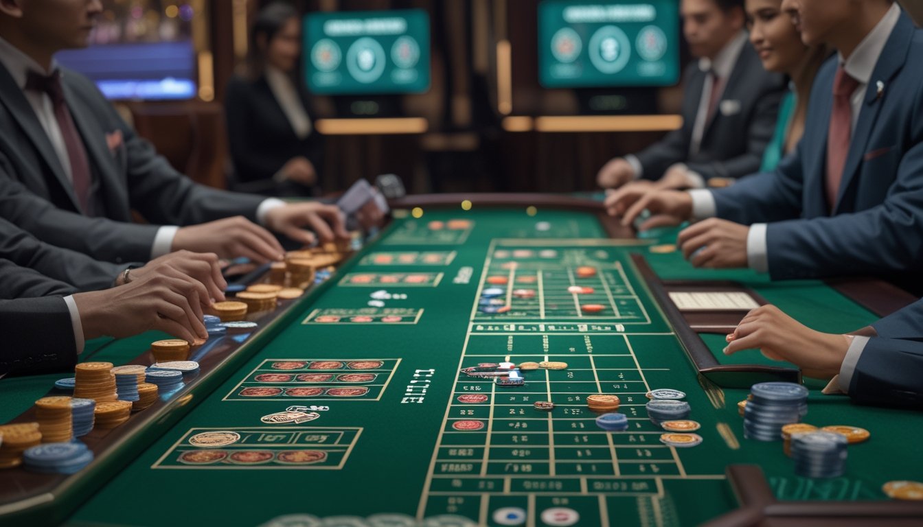 Meja permainan baccarat modern dengan kartu dan chip, dikelilingi oleh pemain dan dealer di kasino mewah.