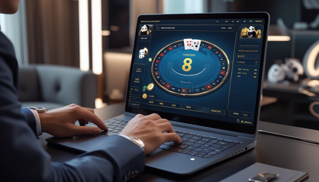 Seorang pemain baccarat online yang fokus menggunakan laptop dengan tampilan permainan baccarat di layar dalam ruangan modern.
