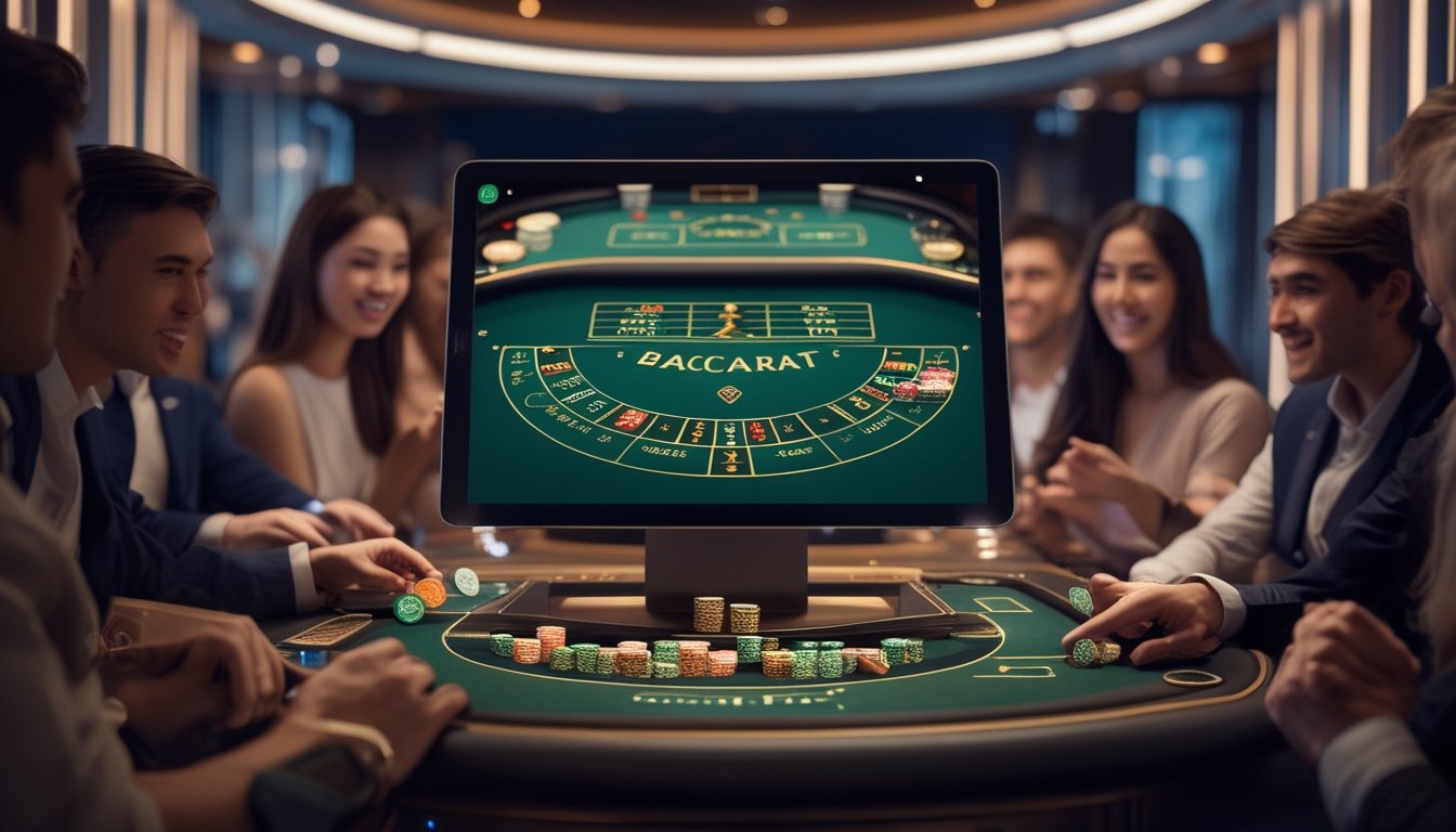 Suasana permainan baccarat online dengan meja digital dan pemain yang fokus serta antusias di ruang bermain yang modern.