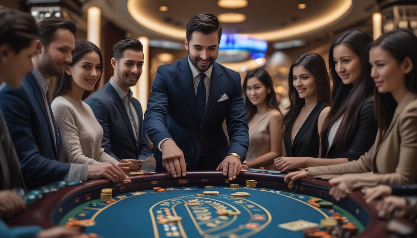 Meja baccarat dengan dealer dan beberapa pemain baru yang sedang belajar bermain di suasana kasino yang terang dan ramah.