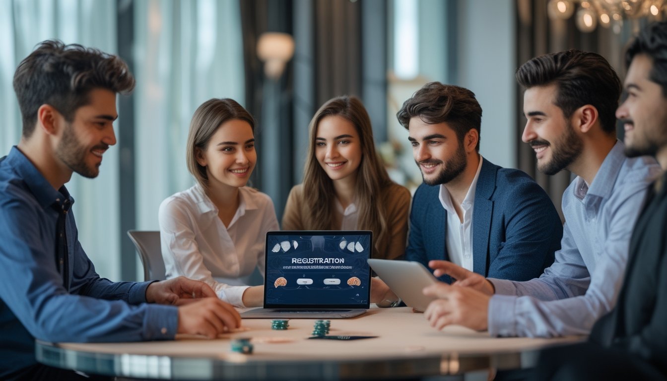 Sekelompok orang muda sedang menggunakan laptop dan ponsel untuk mendaftar dan memulai bermain baccarat secara online di lingkungan yang nyaman dan modern.