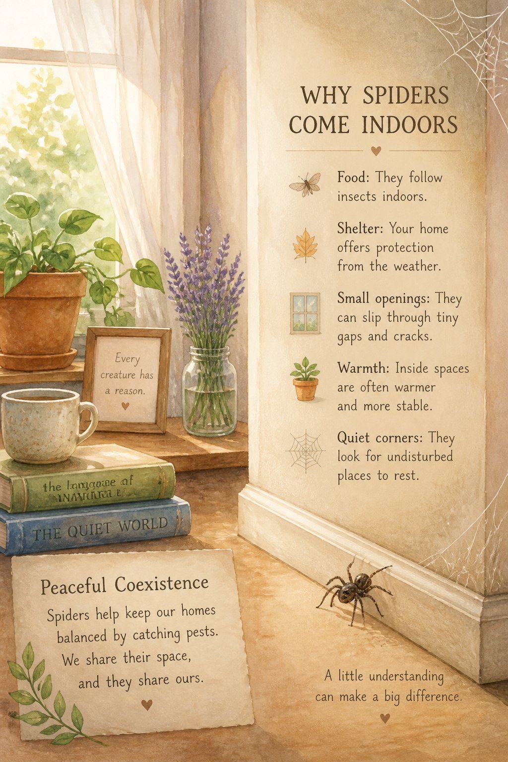 A small spider crawling in the corner of a warmly lit room with a potted plant and sunlight coming through a window.