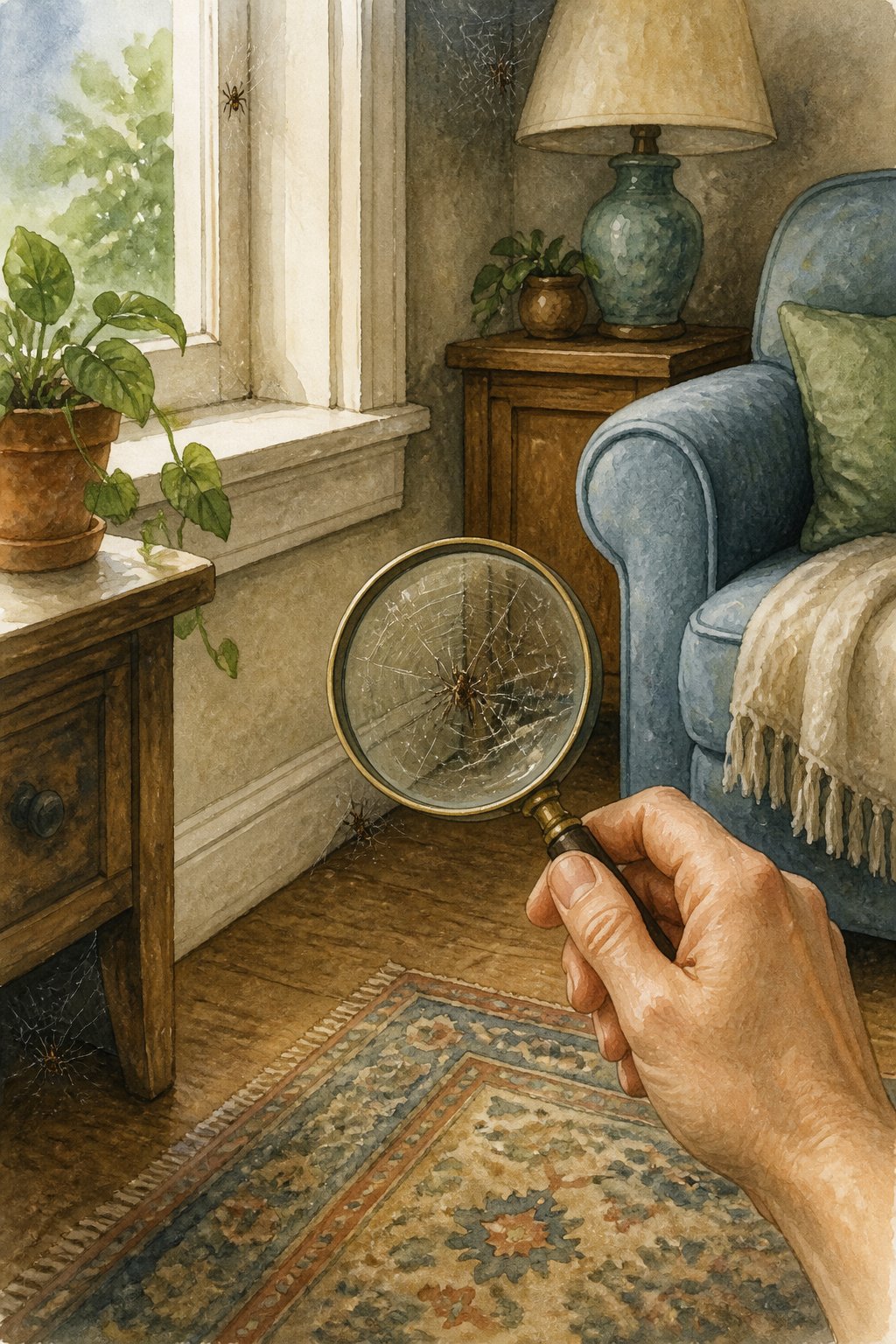 A living room corner with a hand holding a magnifying glass inspecting small spiders and webs in hidden spots around furniture and windows.