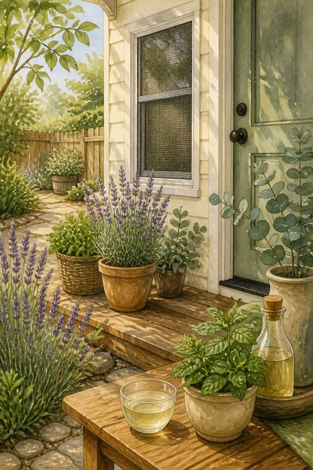 A peaceful garden scene showing plants like lavender and peppermint near a porch with a screened window and sealed door, with no spider webs visible.
