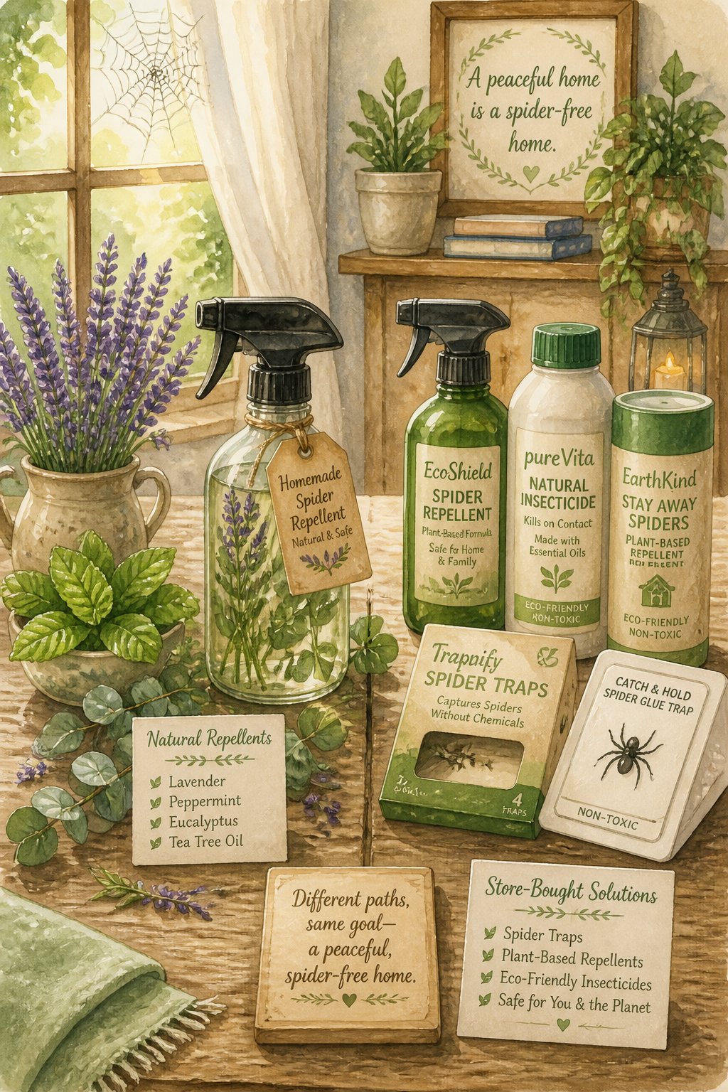 A peaceful indoor scene showing natural herbs and store-bought spider traps arranged on a wooden table near a window with soft light filtering in.