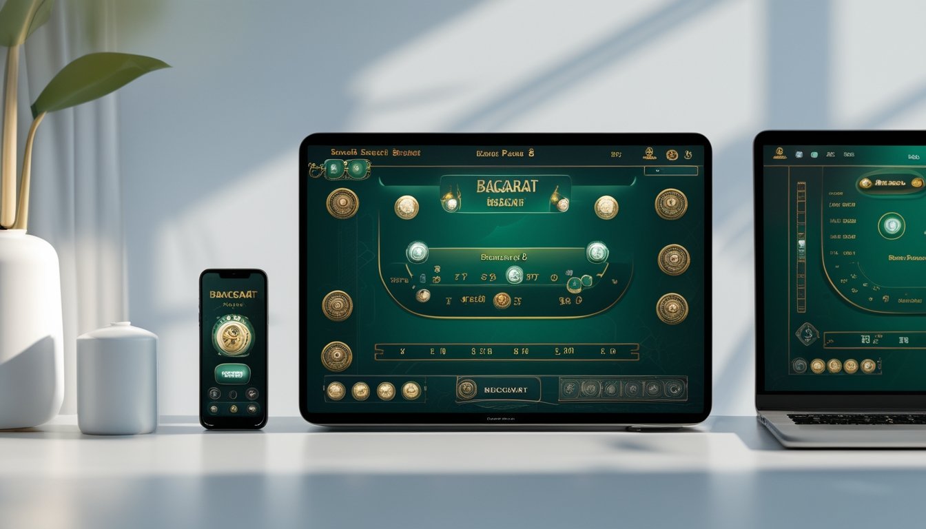 Beberapa perangkat seperti smartphone, tablet, dan laptop yang menampilkan antarmuka permainan baccarat Bandar Panda 8 dengan tampilan yang mudah digunakan.
