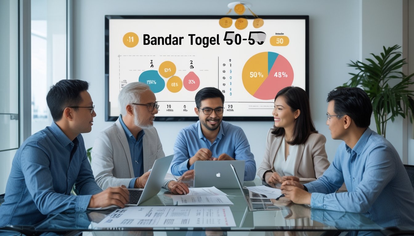 Sekelompok orang dewasa sedang berdiskusi di ruang kantor modern dengan laptop dan ponsel, mempelajari data dan grafik terkait sistem togel 50-50.