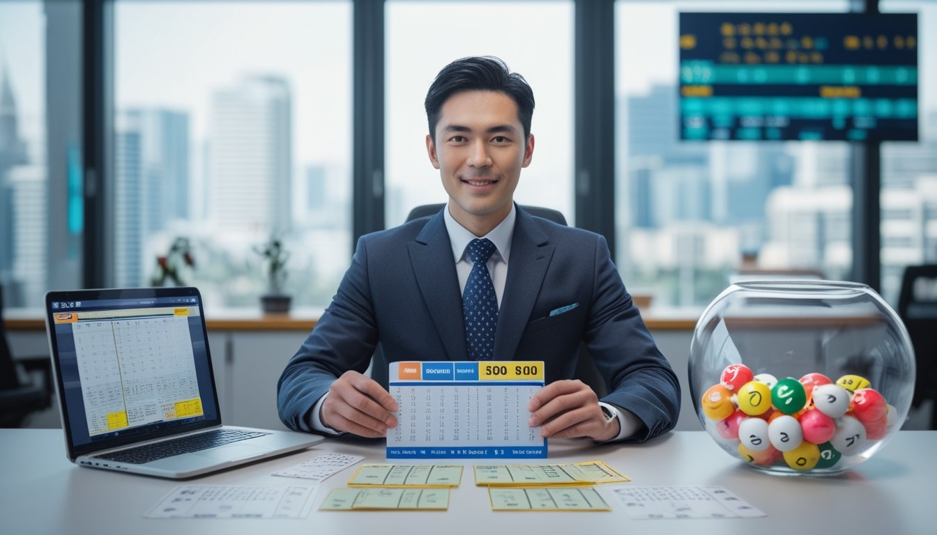 Seorang pria Asia mengenakan pakaian profesional duduk di meja dengan tiket togel, laptop menampilkan grafik, dan mangkuk kaca berisi bola bernomor di kantor modern.
