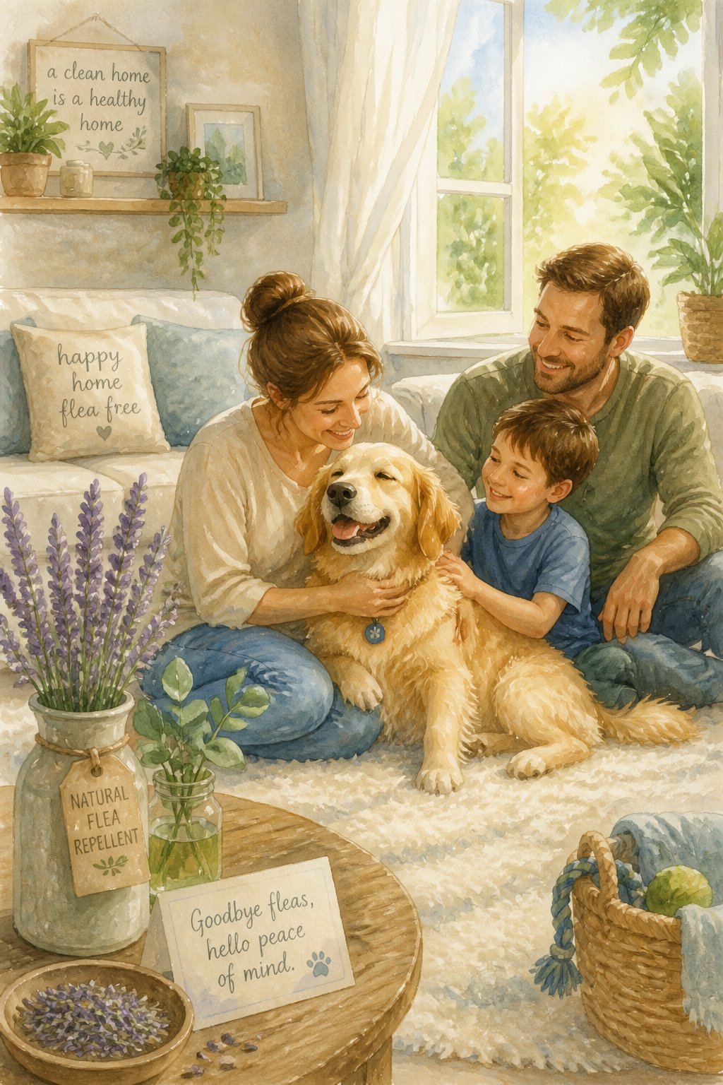 A woman happily cuddling her dog in a bright living room with plants and sunlight streaming through an open window.