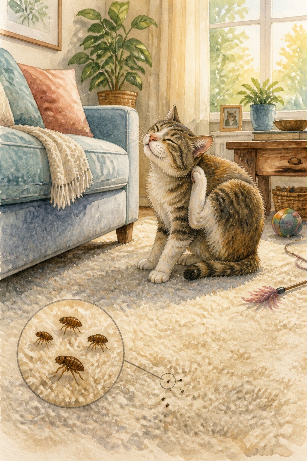 A cozy living room with a cat scratching itself near a carpet where small fleas are visible, surrounded by household items and sunlight coming through a window.