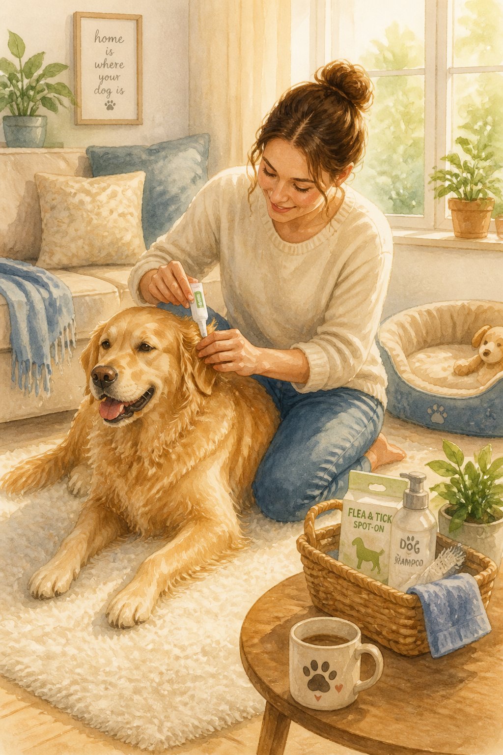 A person caring for a dog on a soft rug in a cozy living room with a couch and pet bed nearby.