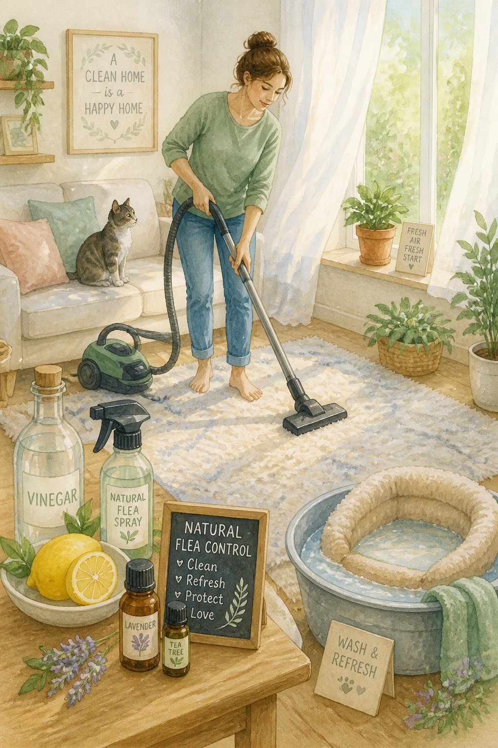 A sunlit living room with a person vacuuming a rug, a pet bed being cleaned, and a calm cat watching nearby.