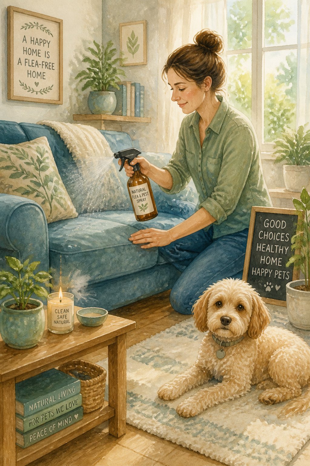 A person treating a living room sofa while a pet sits nearby, surrounded by plants and home decor.