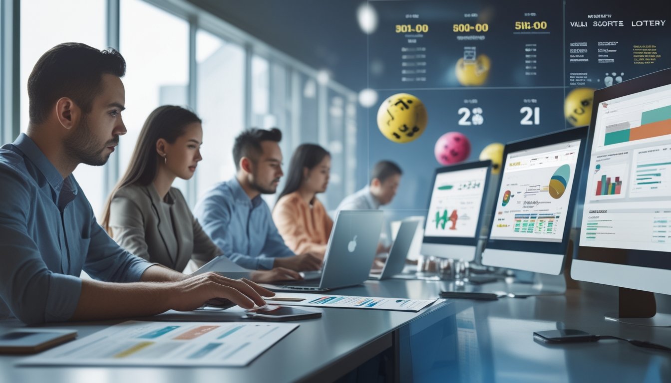 Orang-orang di kantor modern sedang menganalisis data lotere di layar komputer dengan suasana serius dan fokus.