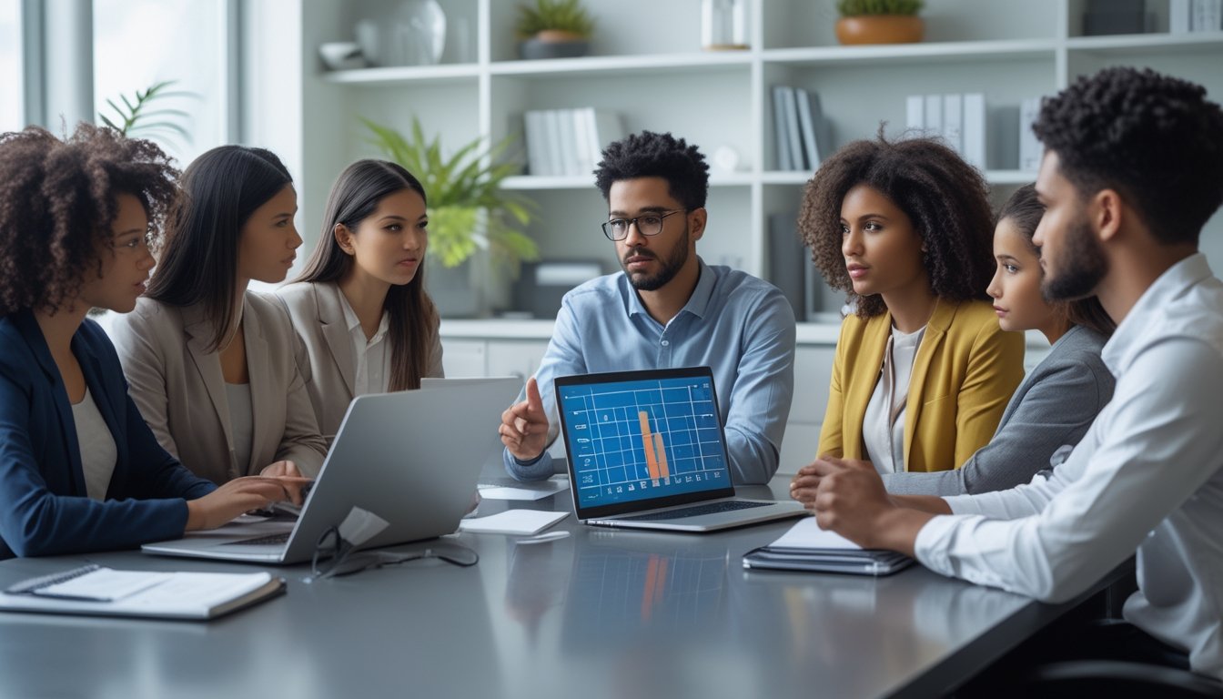 Sekelompok orang muda sedang berdiskusi serius di meja kerja dengan laptop dan catatan di sebuah ruangan kantor modern.