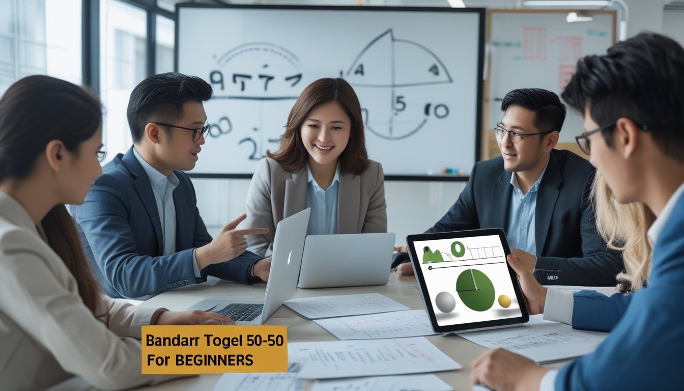 Sekelompok orang sedang berdiskusi di ruang kantor dengan laptop dan grafik di meja, menunjukkan konsep dasar bandar togel 50-50.