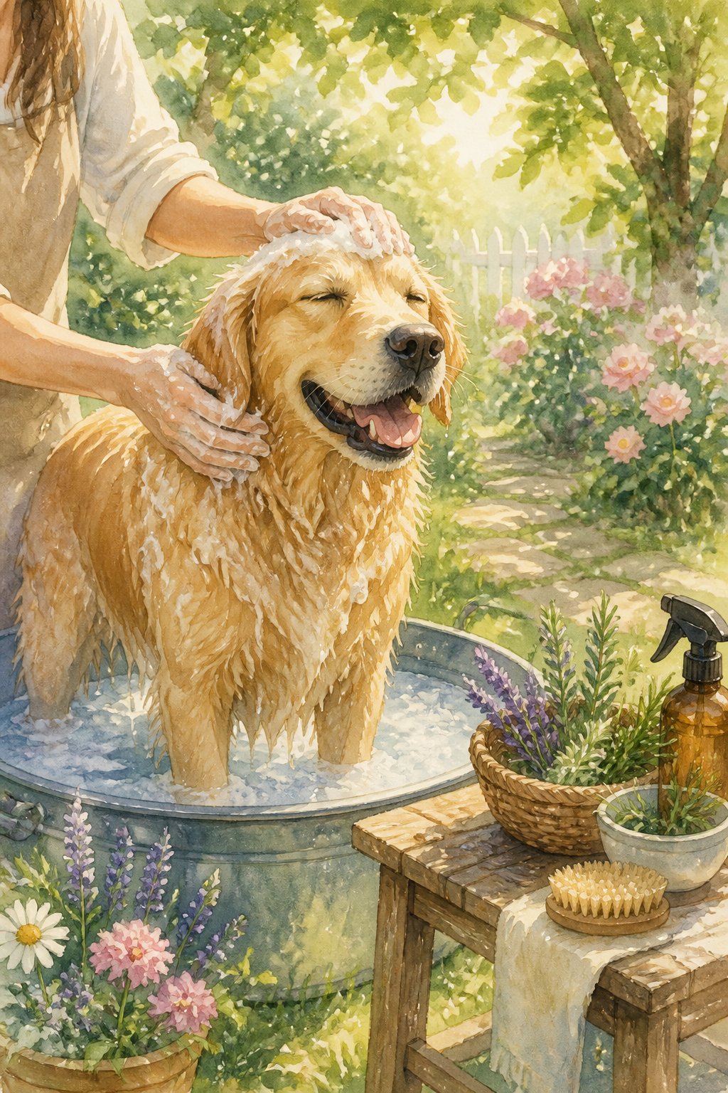 A dog being gently bathed outdoors with soap and water while surrounded by green grass and flowers.