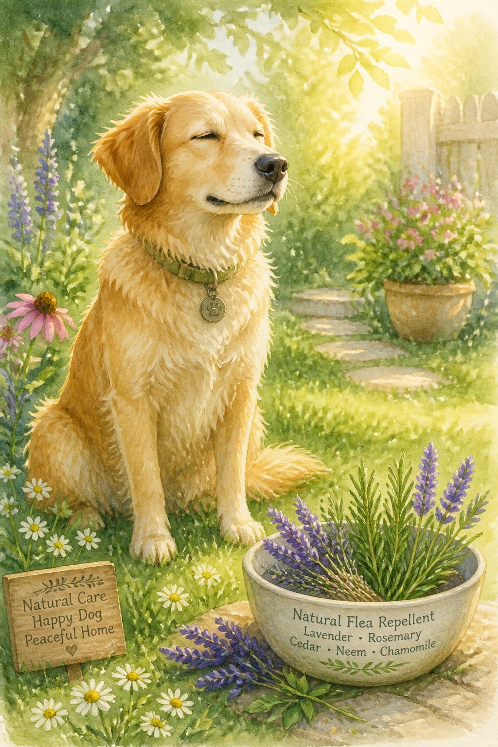 A calm dog sitting in a sunlit garden with a bowl of natural herbs nearby.