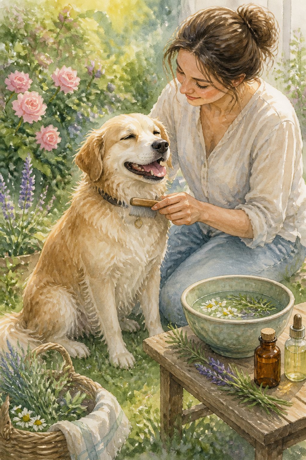 A dog sitting calmly in a garden while a person gently brushes its fur with a comb, surrounded by plants and natural flea treatment items.