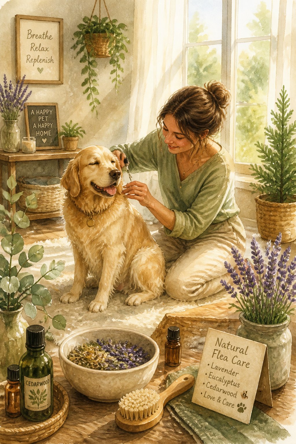 A dog sitting calmly inside a cozy home while a person gently cares for it, with plants and natural flea treatments nearby.