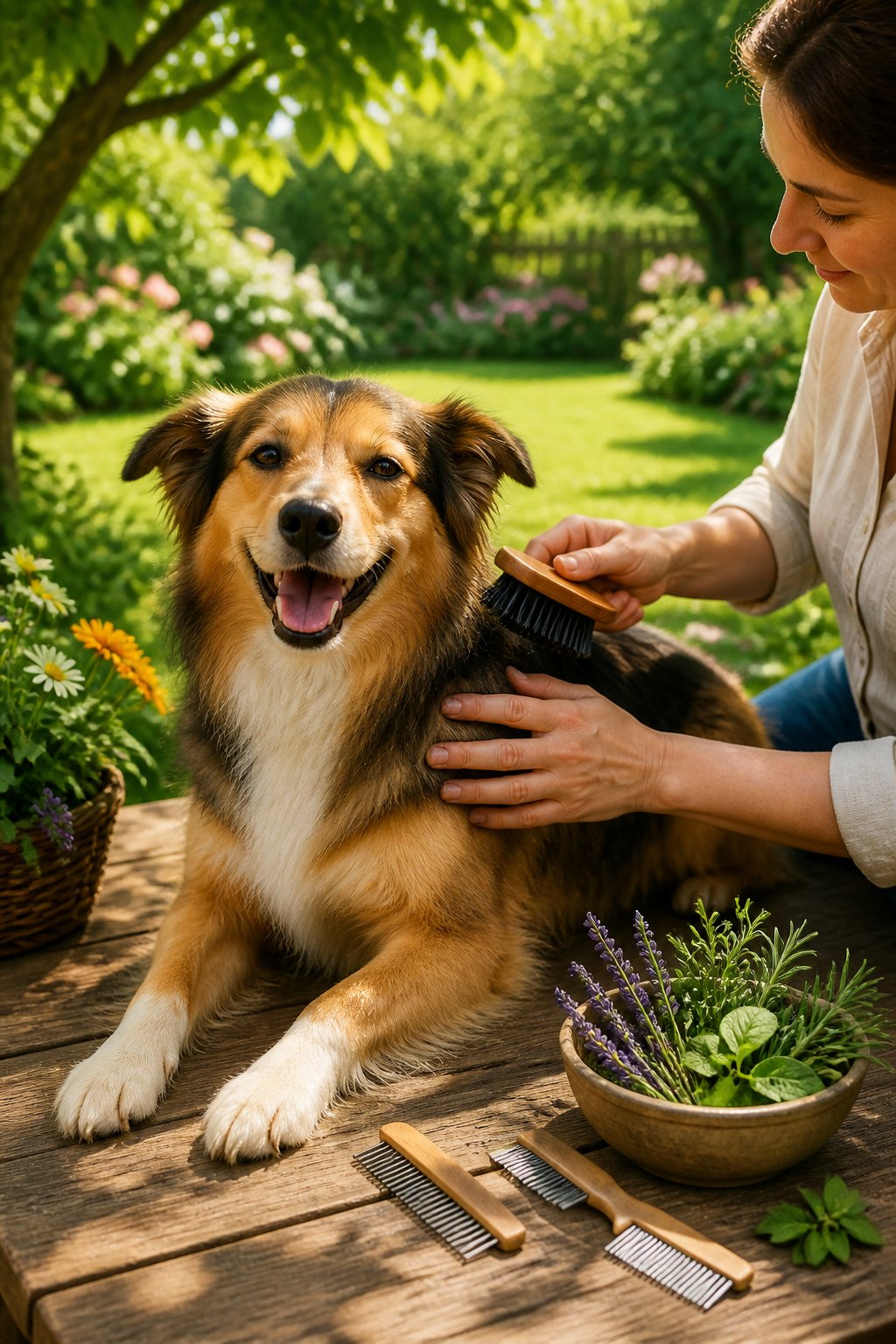 A person gently brushing a happy dog outdoors in a sunny garden with green grass and flowers, surrounded by flea-repellent herbs and grooming tools.