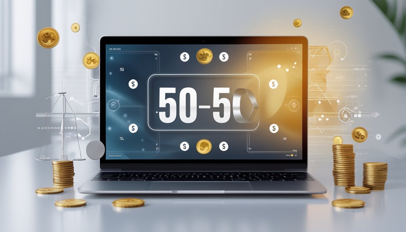 Seorang pengguna komputer melihat layar dengan antarmuka permainan togel online dan simbol peluang 50-50, dikelilingi oleh elemen yang menggambarkan risiko dan keuntungan.