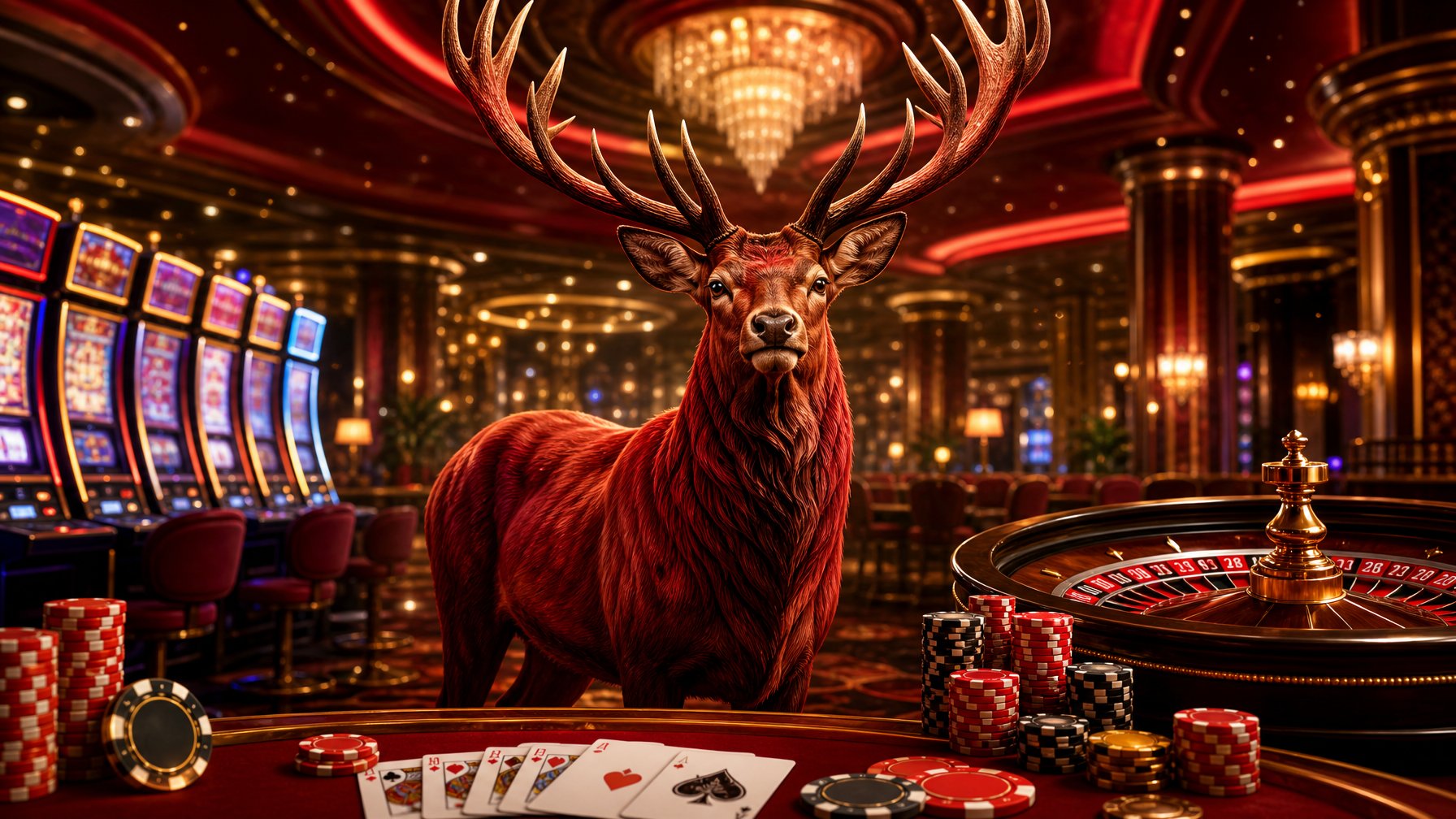 A Red Stag Standing Prominently In A Casino Setting With Poker Chips, Playing Cards, Roulette Wheel, And Slot Machines Around It.
