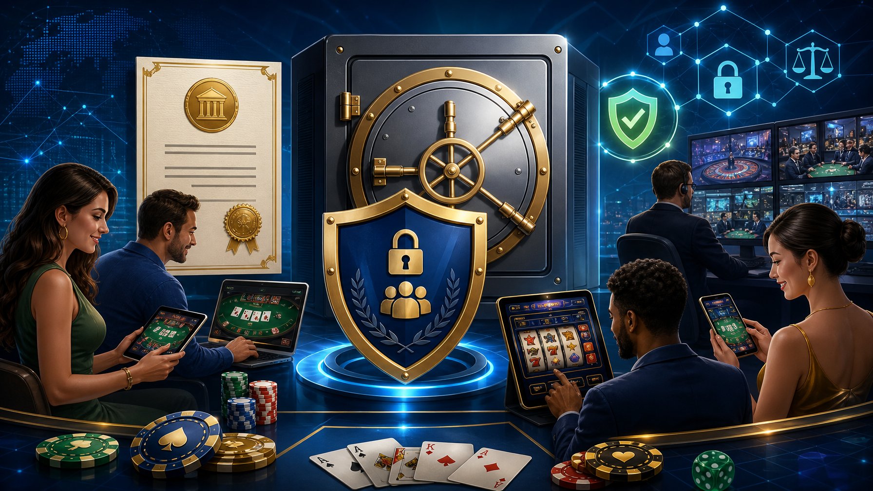 A Digital Casino Scene Showing A Secure Vault, Shield Symbol, And Players Enjoying Games In A Safe Environment.