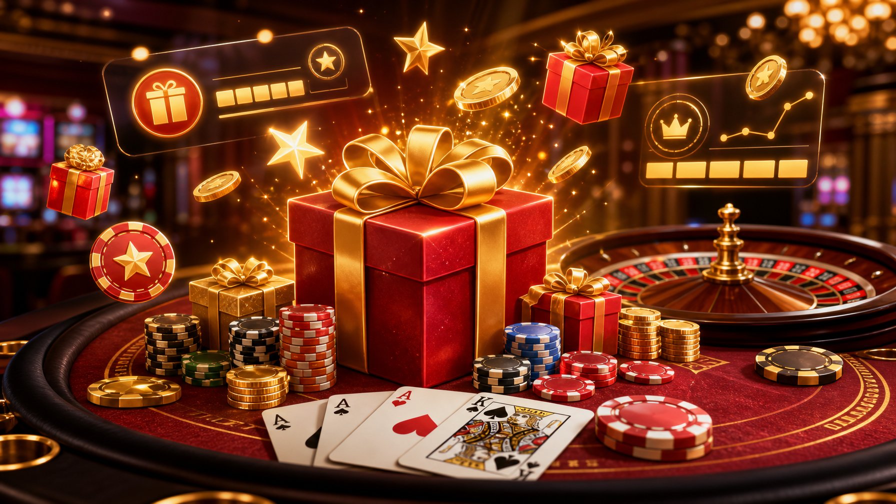 A Casino Gaming Table With Poker Chips, Playing Cards, And A Roulette Wheel Surrounded By Floating Icons Of Gift Boxes, Coins, And Stars Symbolizing Rewards And Bonuses.