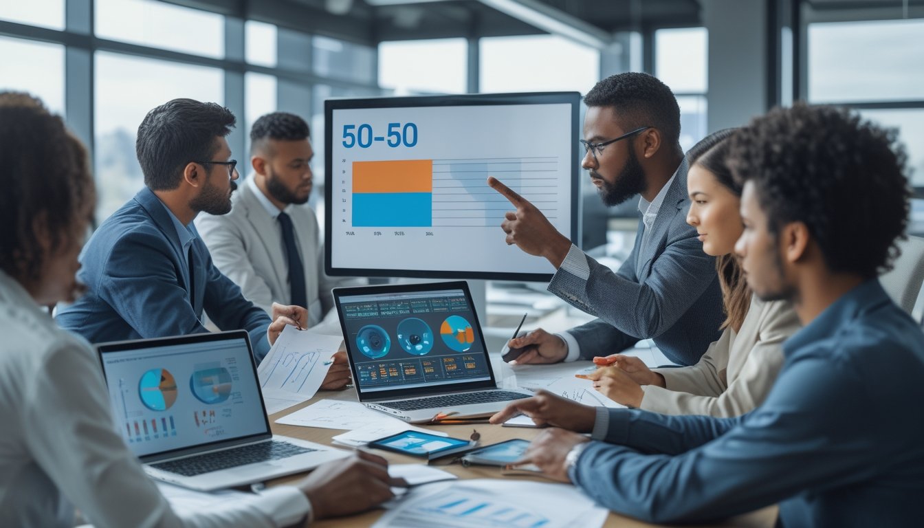 Sekelompok orang sedang berdiskusi dan menganalisis data di kantor modern dengan layar digital dan grafik peluang 50-50.