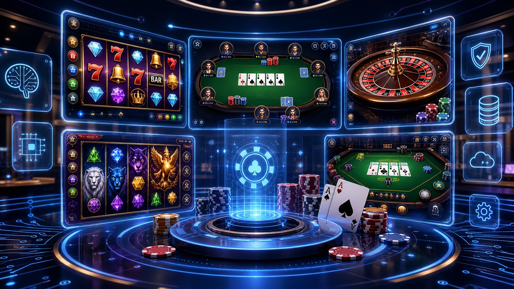 A Futuristic Casino Scene With Digital Screens Displaying Various Casino Games Like Slots, Poker, And Roulette In A Modern Setting.