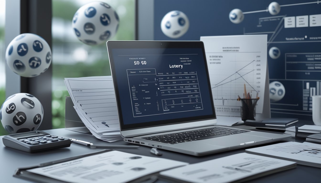 Meja kerja dengan laptop yang menampilkan grafik peluang, dokumen, kalkulator, dan alat tulis, menggambarkan suasana analisis dan perencanaan strategi permainan togel 50-50.