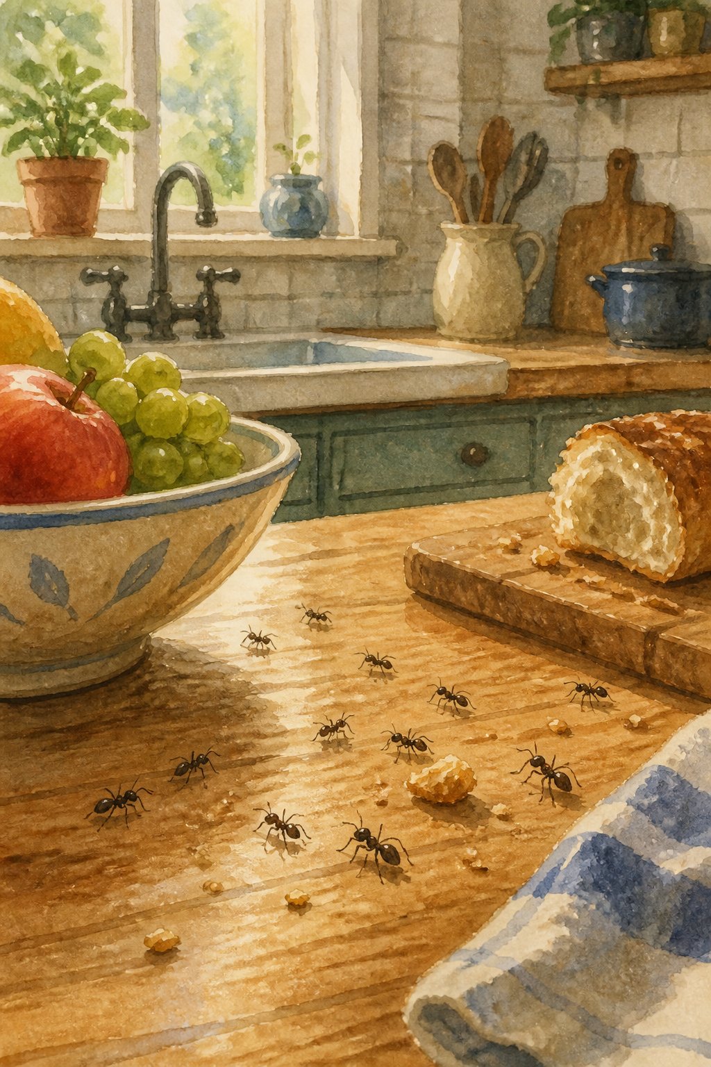 A kitchen countertop with small ants near crumbs and a bowl of fruit by a window.