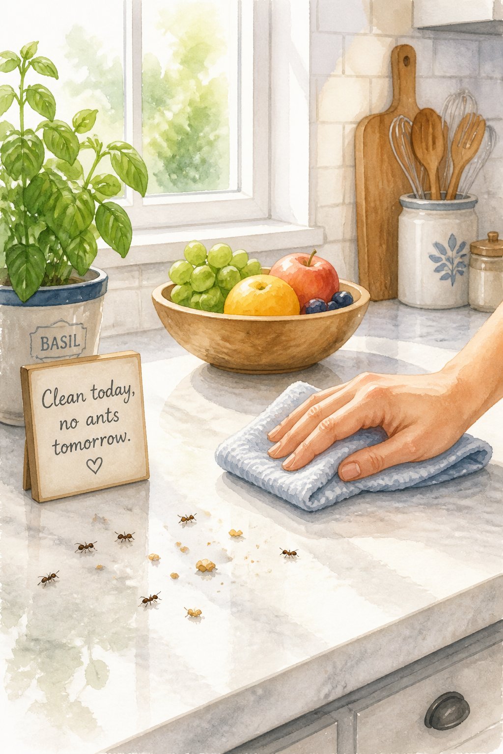A kitchen countertop with crumbs and small ants near them, a hand wiping the surface, and a bowl of fruit and a potted plant nearby.