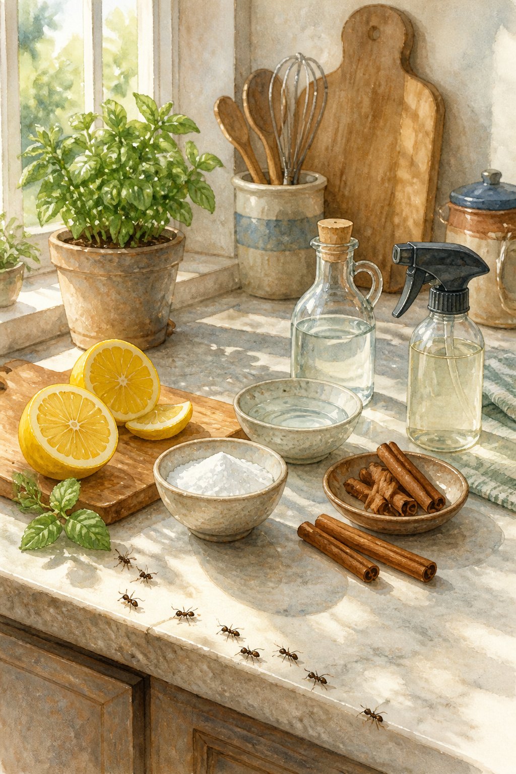 A kitchen countertop with natural ingredients like lemon slices and cinnamon sticks placed near small ants, with sunlight coming through a window and kitchen utensils in the background.