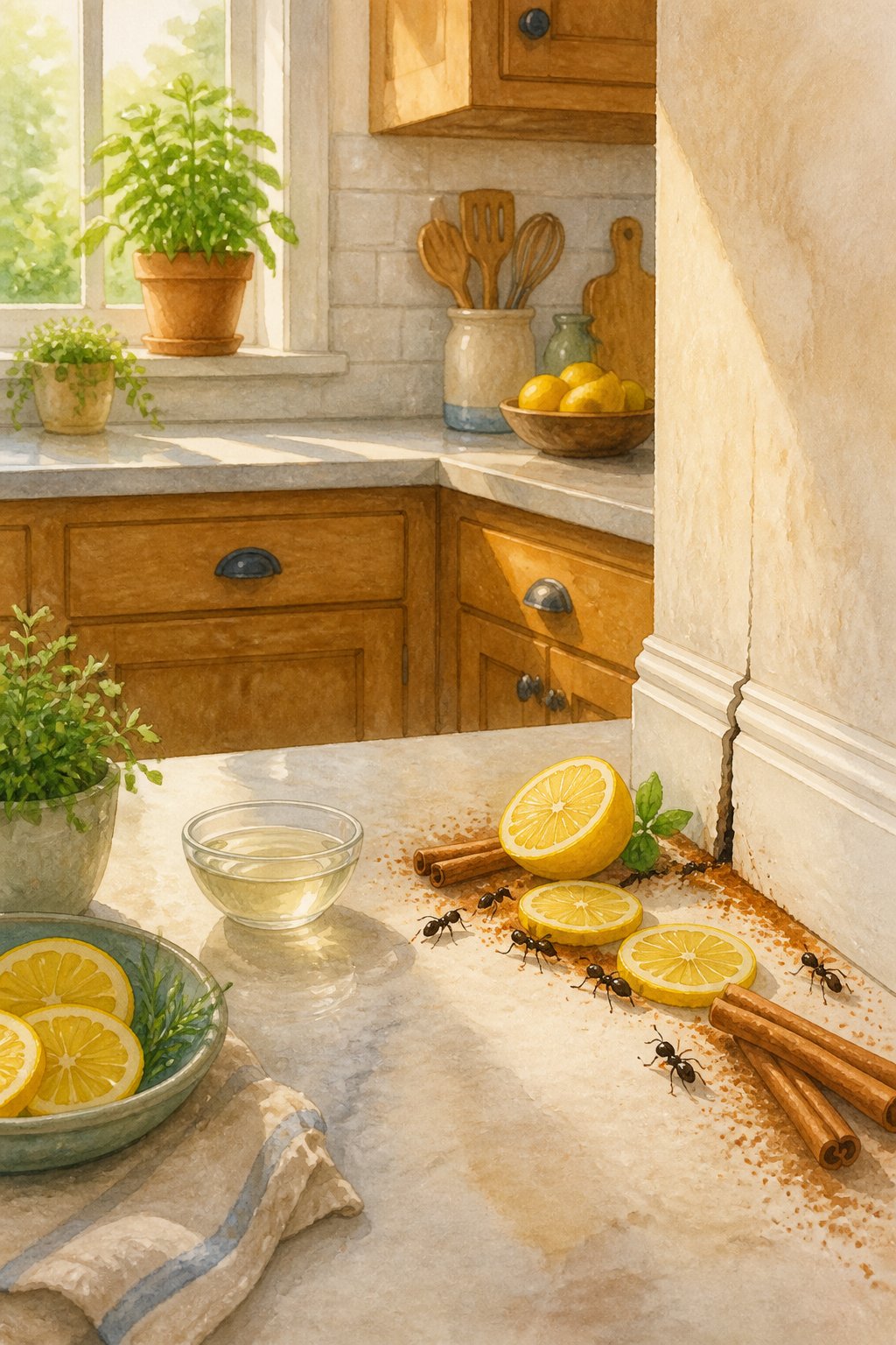 A cozy kitchen countertop with natural items like lemon slices, vinegar, and cinnamon placed near a crack where ants are shown being kept away.