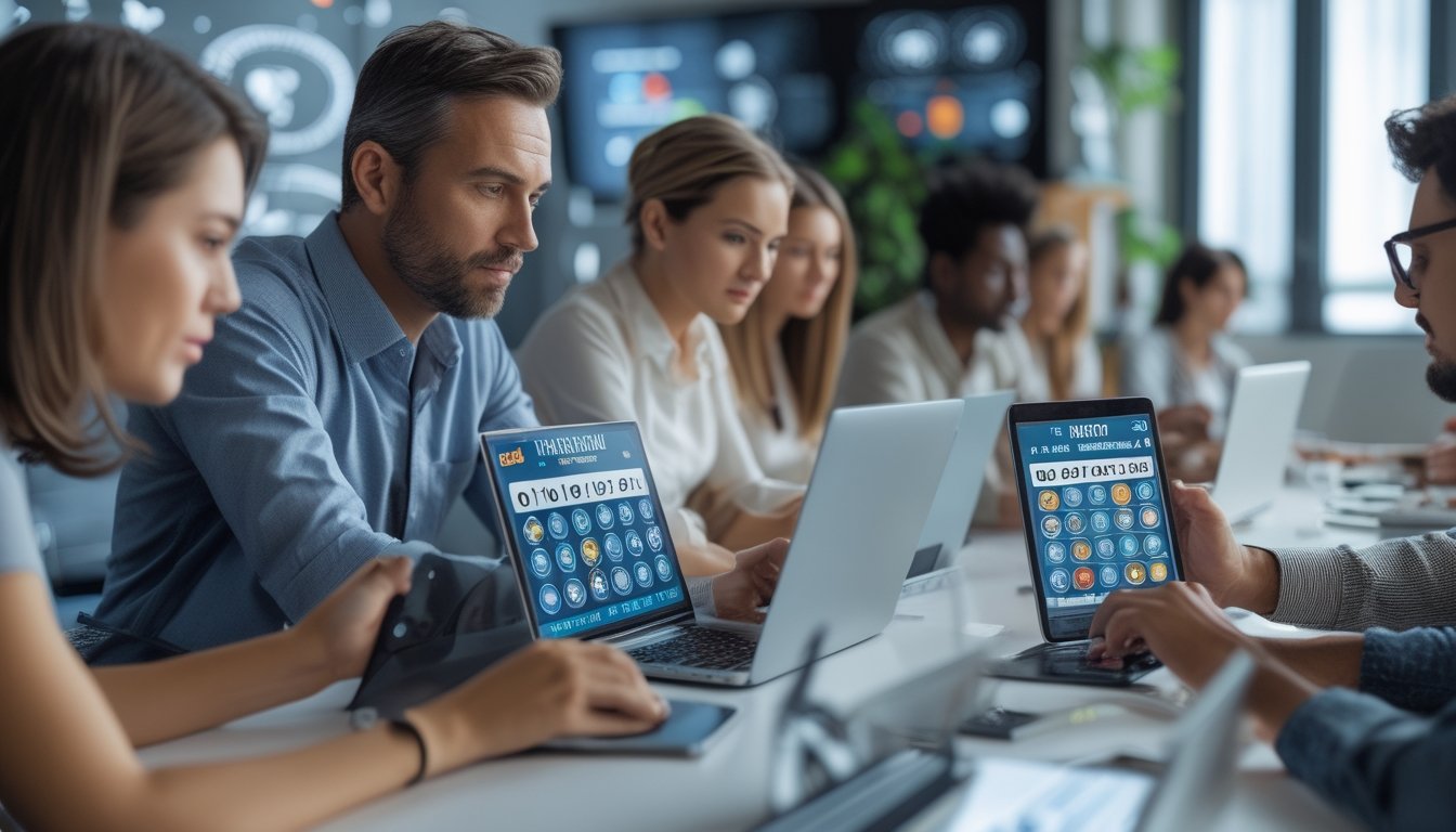 Beberapa orang sedang menggunakan perangkat digital di kantor modern dengan suasana serius dan fokus.