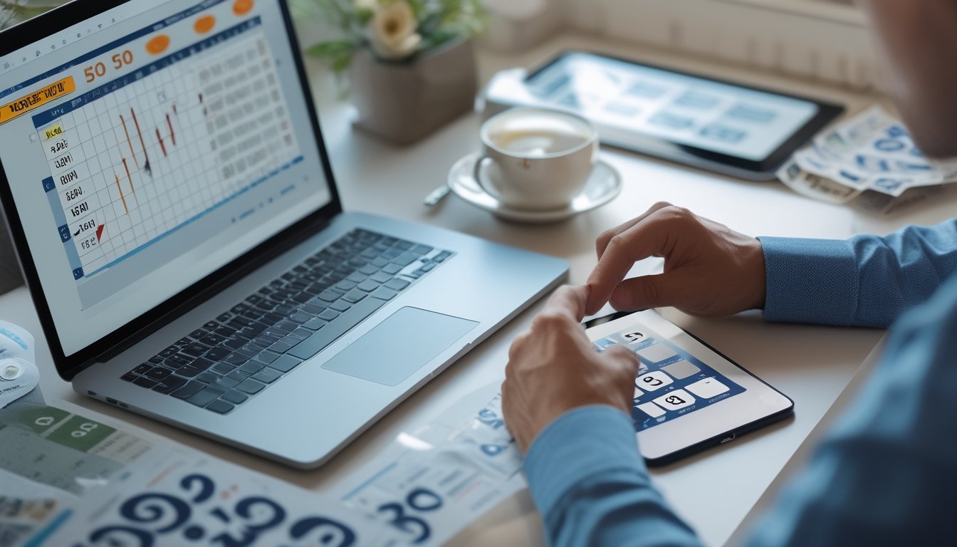 Seseorang sedang menganalisis data togel online di meja kerja dengan laptop, tablet, dan alat tulis.