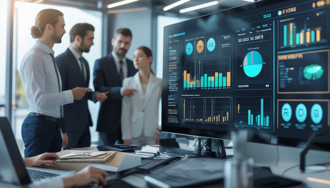 Sekelompok profesional sedang menganalisis data peluang permainan di depan layar digital dengan grafik dan diagram di ruang kantor modern.