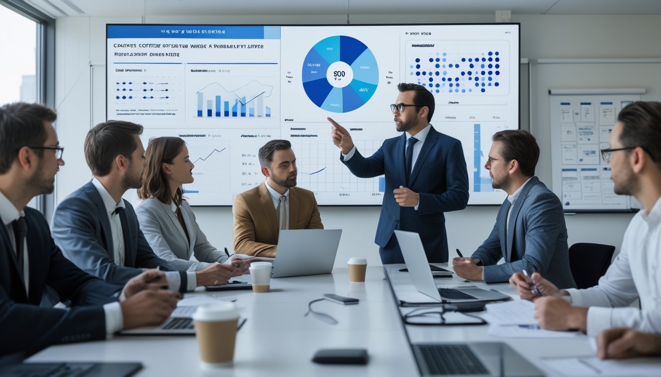 Sekelompok profesional sedang rapat di kantor dengan layar digital menampilkan grafik dan data peluang sistem togel 50-50.