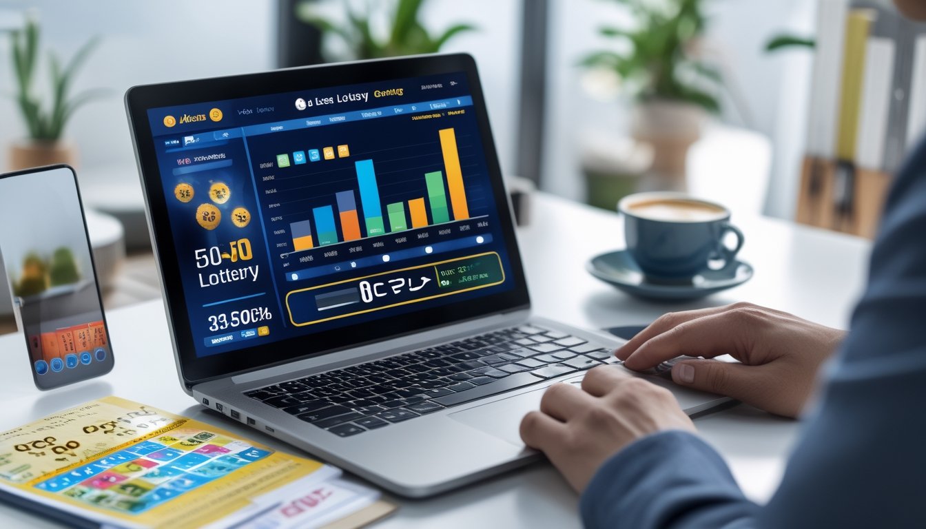 Seorang profesional bekerja di depan laptop dengan tampilan platform lotere digital dan grafik tren di meja kantor yang terang.