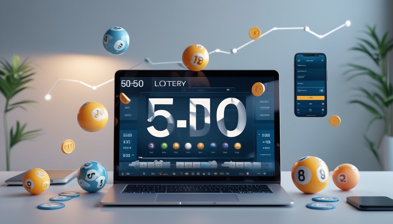 Seorang pria menggunakan laptop di meja kerja dengan bola togel dan ponsel di sekitarnya, menggambarkan permainan togel online.