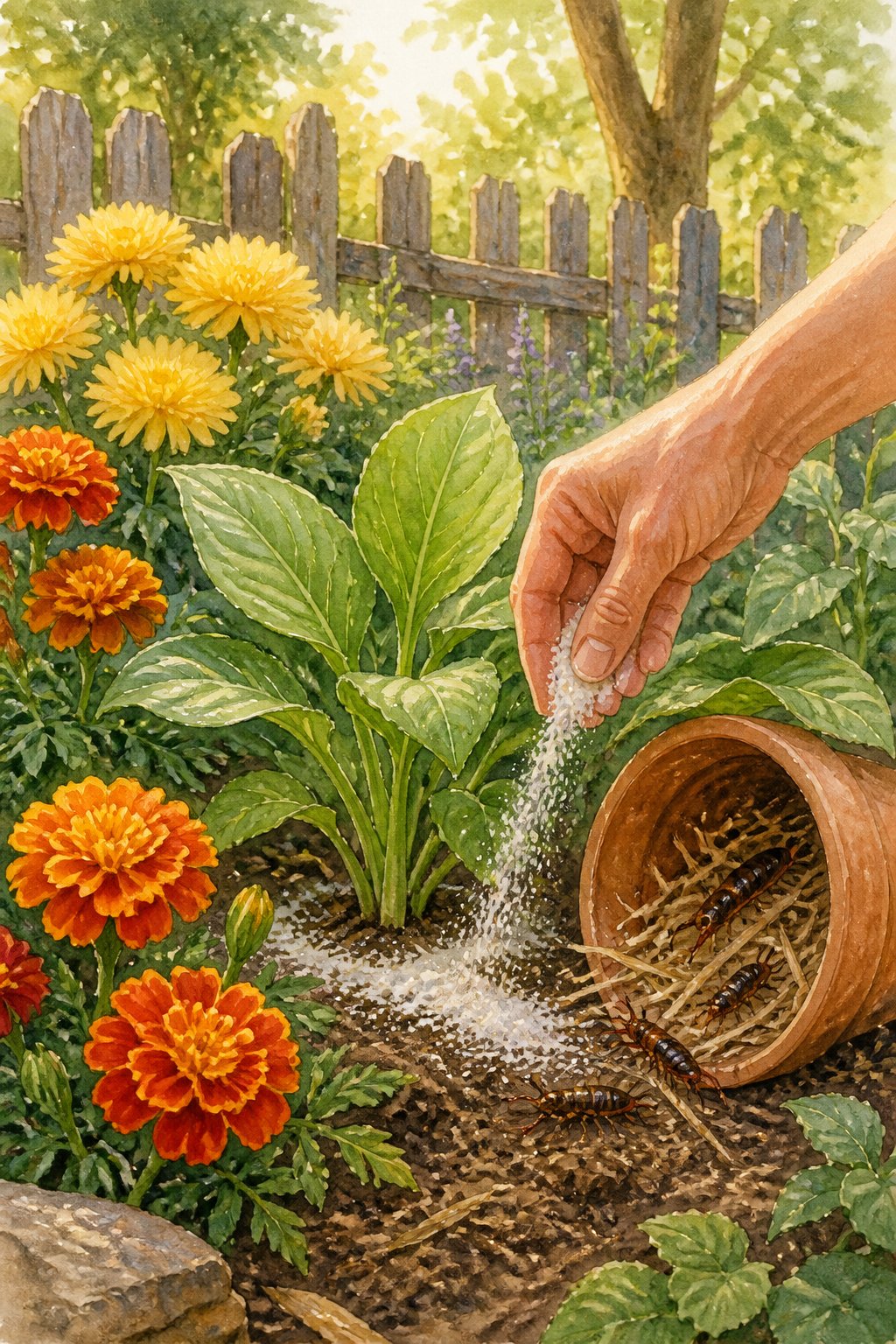 A garden scene showing a hand sprinkling powder near plants with flowers and a small pot with insects inside, surrounded by greenery and a wooden fence in the background.