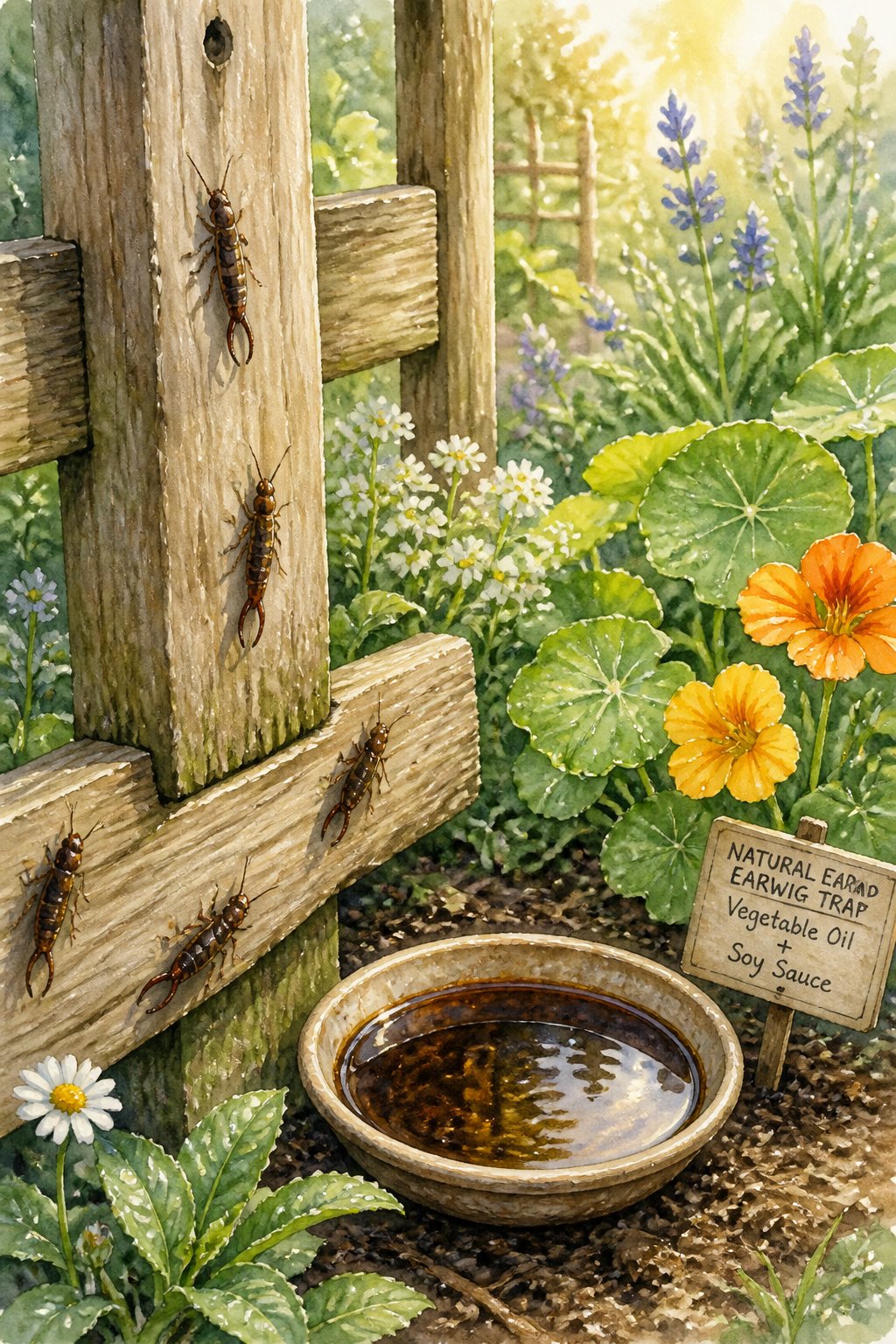 A garden scene showing a wooden fence with small earwigs and a shallow dish of liquid placed on the ground among green plants.