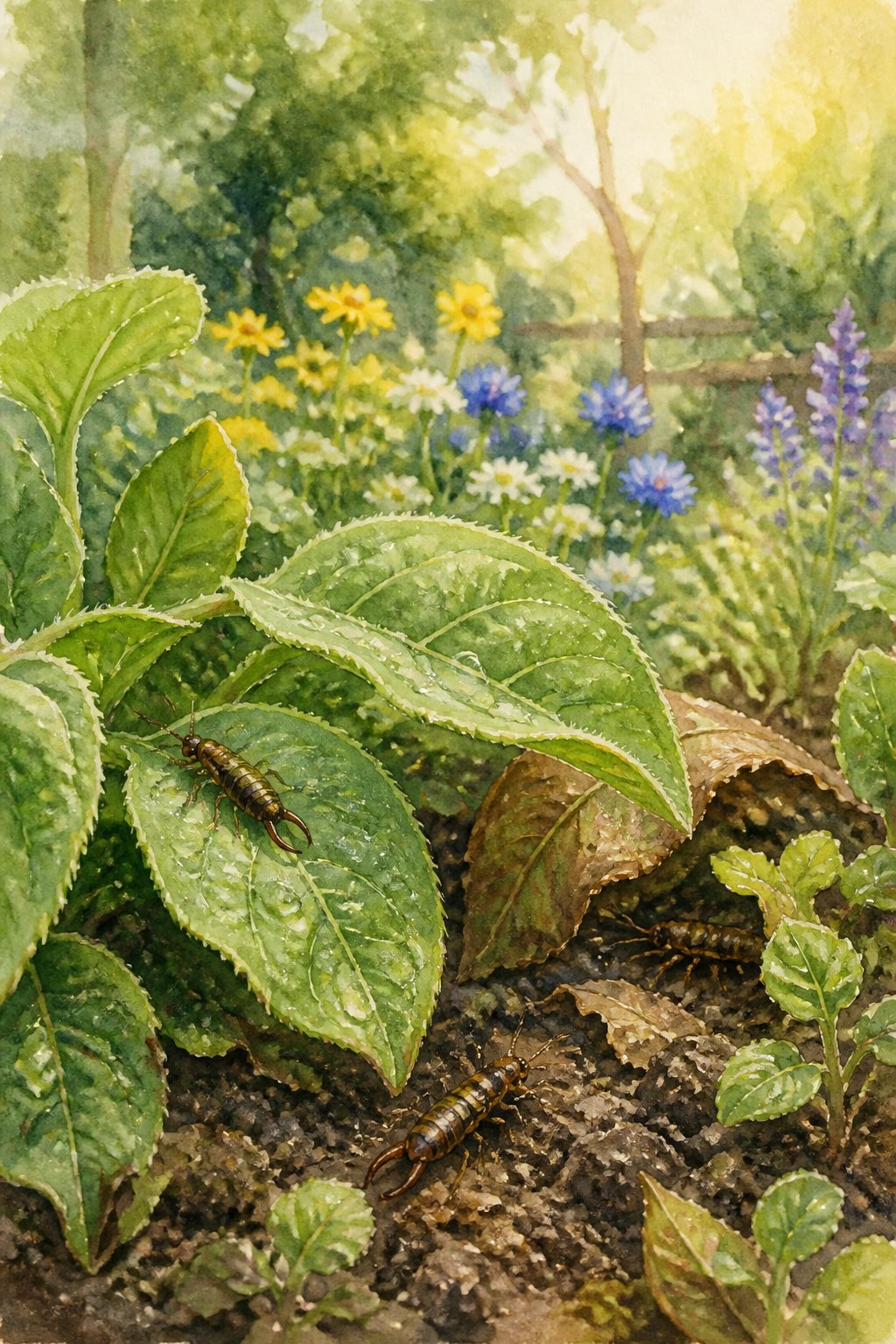 Close-up of green leaves and soil with small earwigs crawling among them in a peaceful garden setting with soft sunlight.