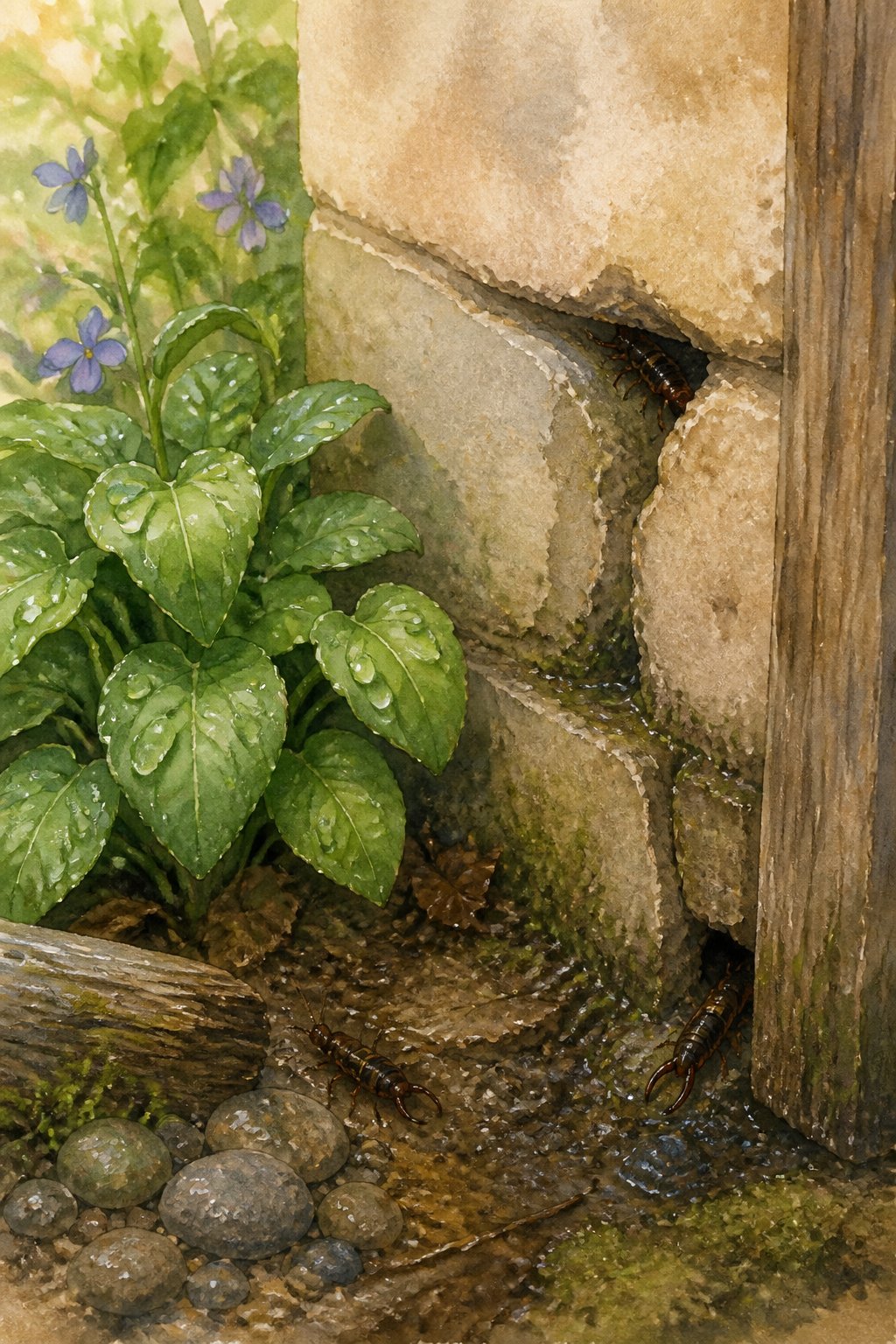 A garden wall with cracks and damp plants nearby, showing small earwigs hiding in crevices.