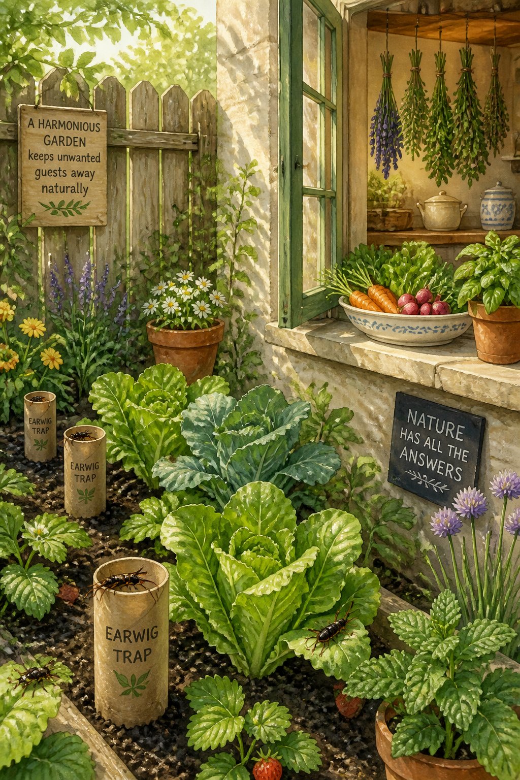 A backyard garden with plants and earwig traps near a kitchen window displaying fresh herbs and vegetables.