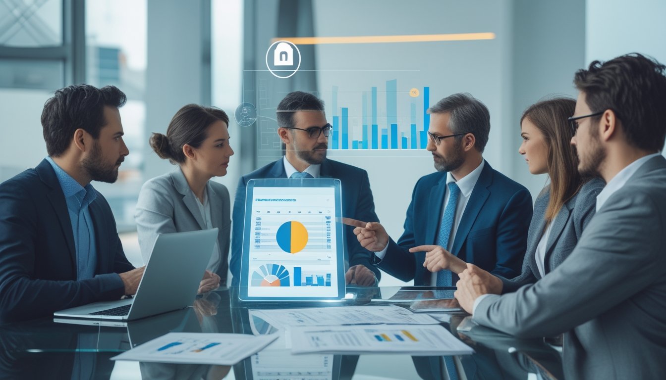 Sekelompok profesional berdiskusi di ruang kantor modern dengan layar digital menampilkan grafik 50-50.