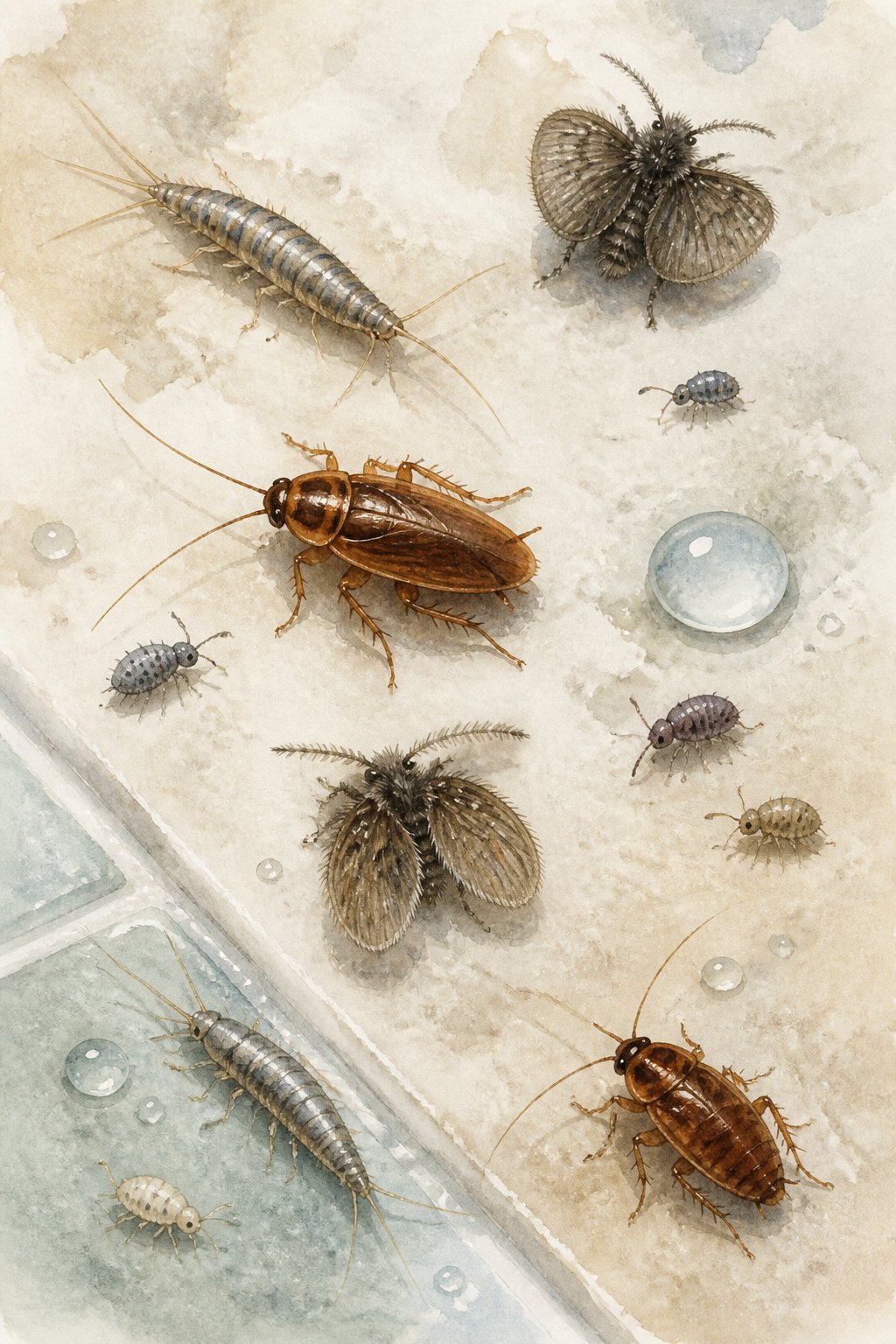 Various small bathroom insects like silverfish, drain flies, cockroaches, and springtails arranged naturally on a soft background.